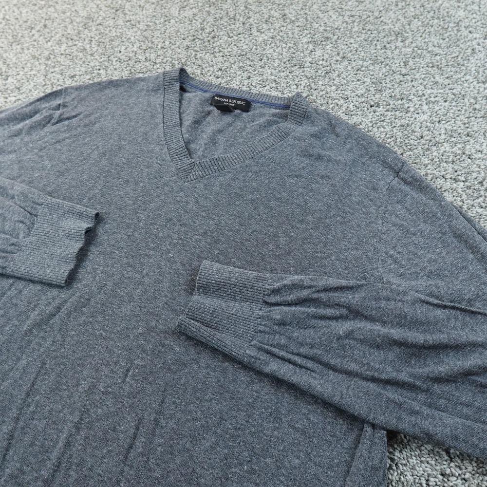 Banana Republic Sweater‎ Mens L Gray Silk Linen V Neck Knit Pullover Lightweight